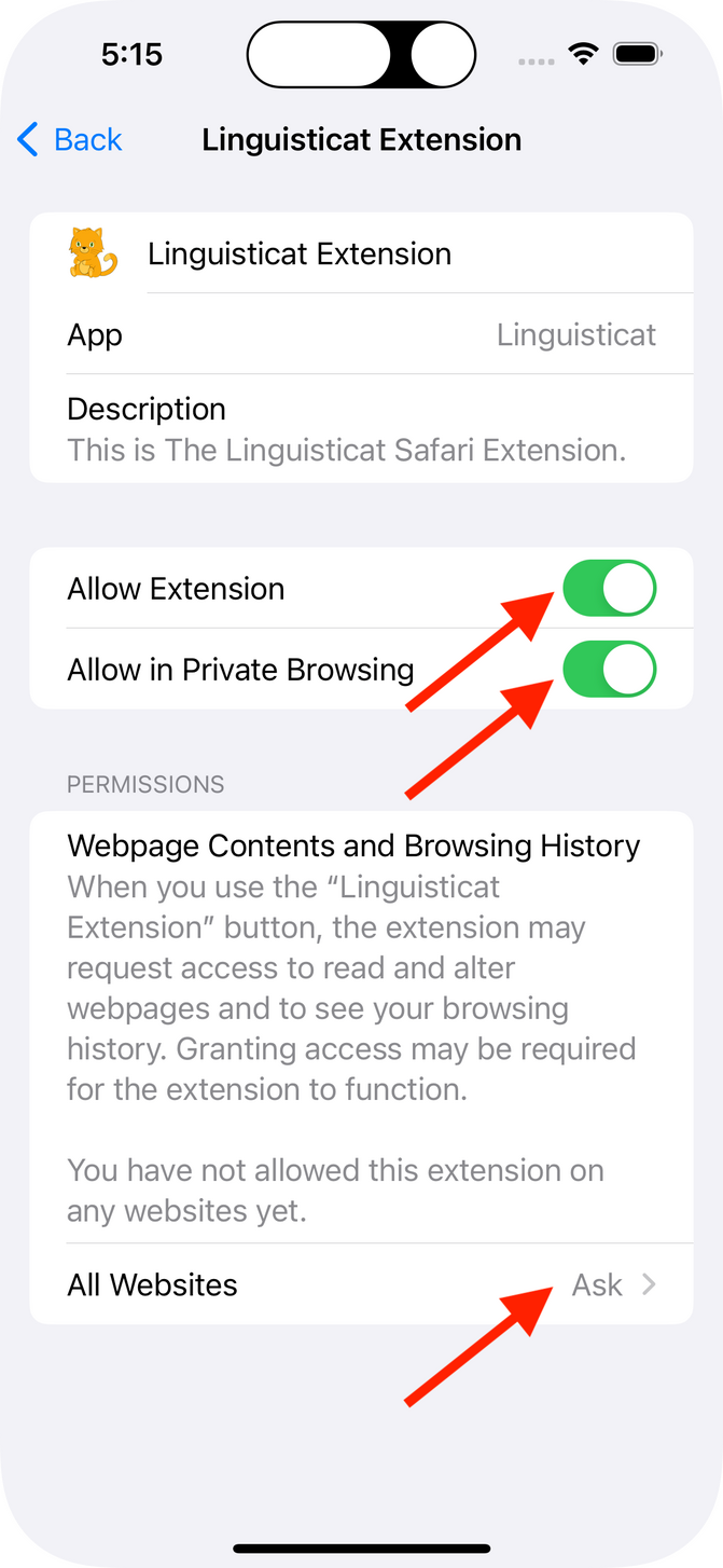 6. toggle these values On, then tap All Websites